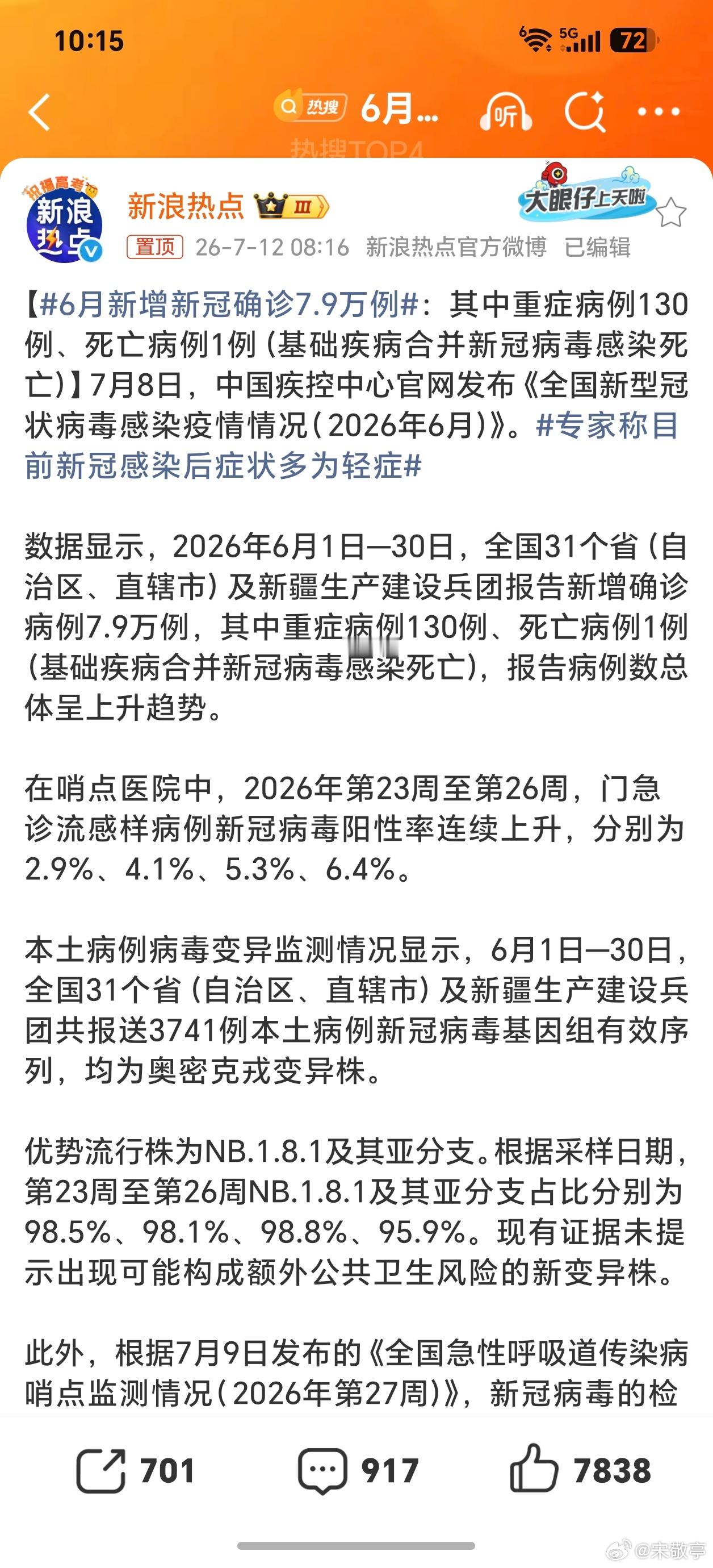 6月新增新冠确诊7.9万例新冠至今依然存在，只是处于共存状态，影响没那么严重了！