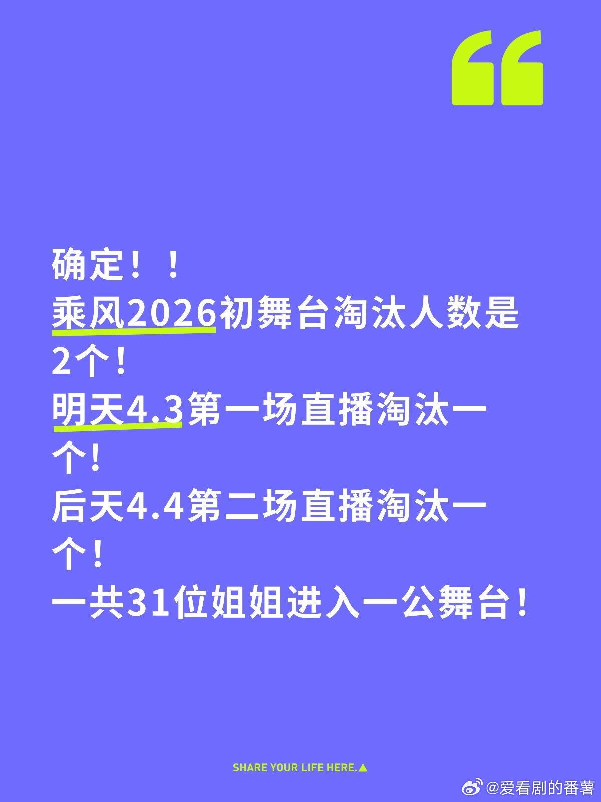 确定！！乘风2026初舞台淘汰人数是2个！明天4.3第一场直播淘汰一个!后天4.