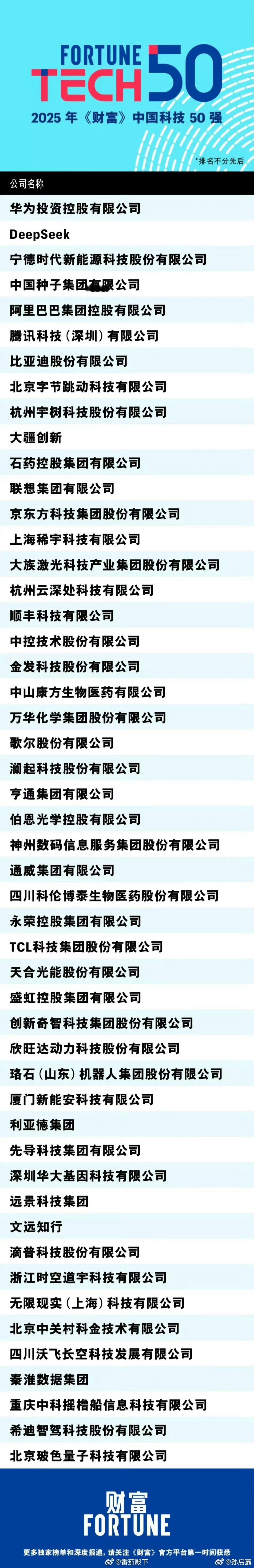 《财富》发布了中国科技50强，里面有很多大家耳熟能详的大企业，华为，ds，宁德时