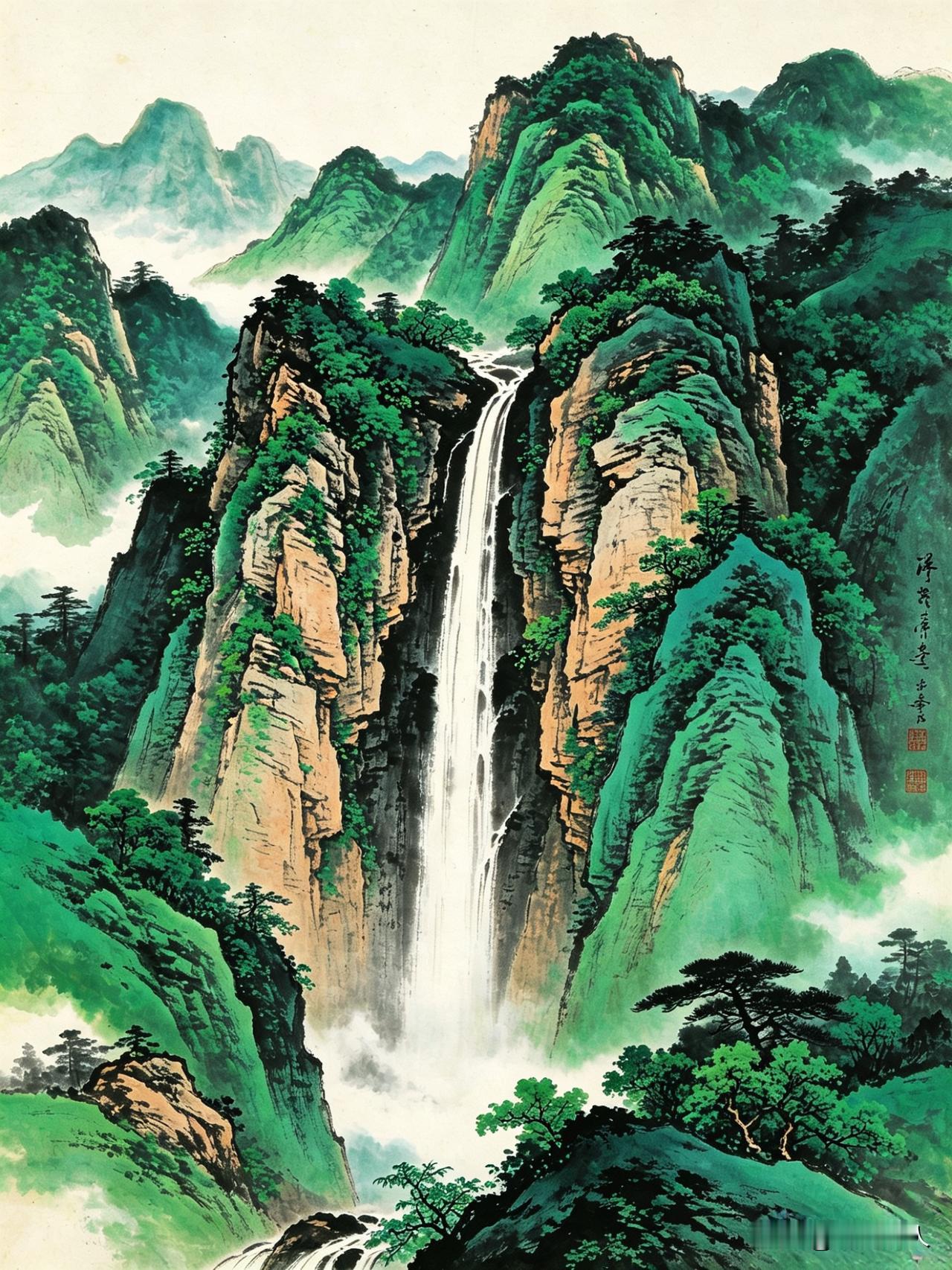 今日进山闲逛，见飞瀑从青山奔涌而下，一时触景生情随口成联，特意摆下对联小局，诚邀