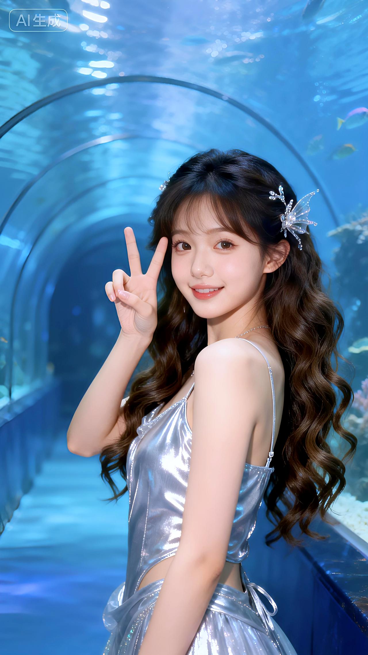 隧道幽蓝浮光影，银裙如水梦游鲸。
豆包 壁纸 写真