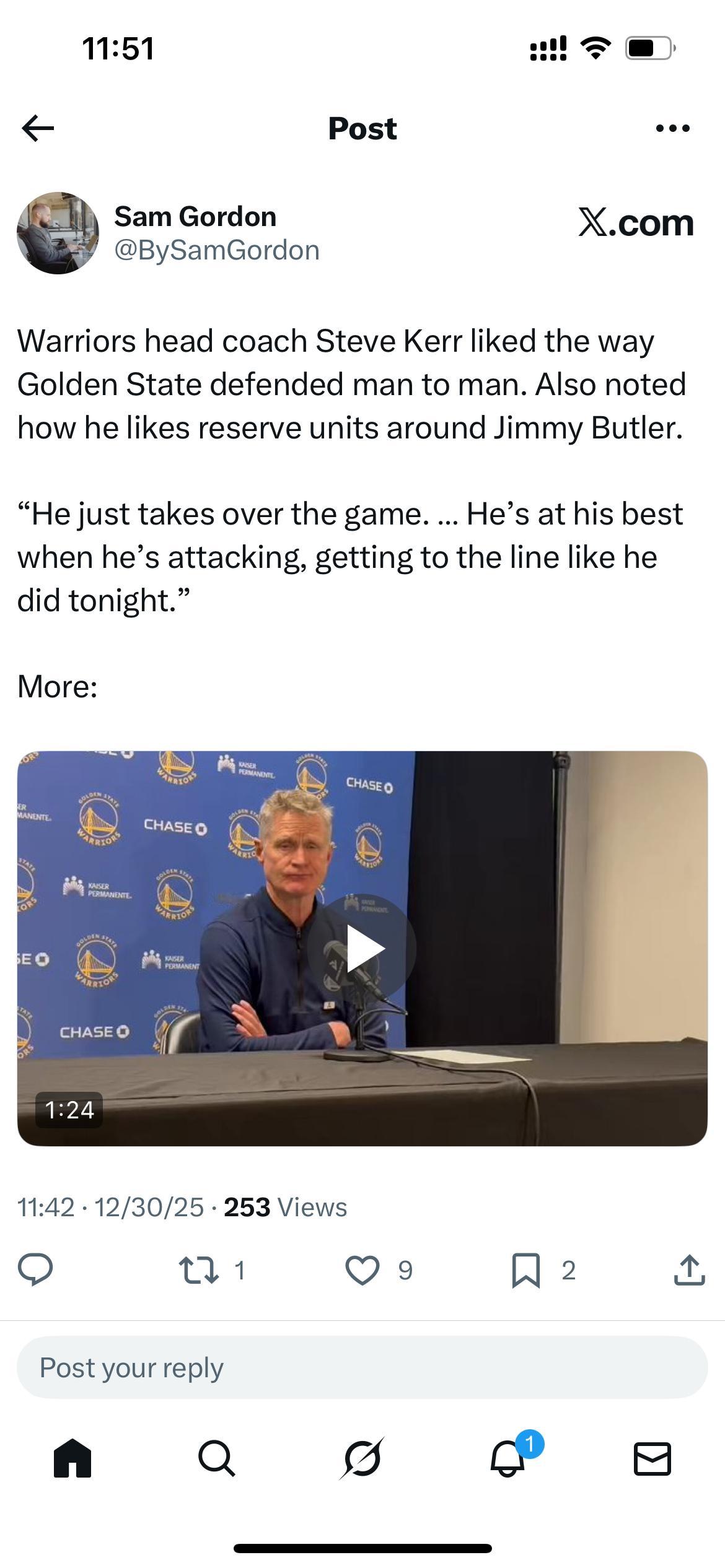 科尔很满意今天人盯人防守表现。此外，他还提到自己很喜欢围绕吉米·巴特勒构建的替补