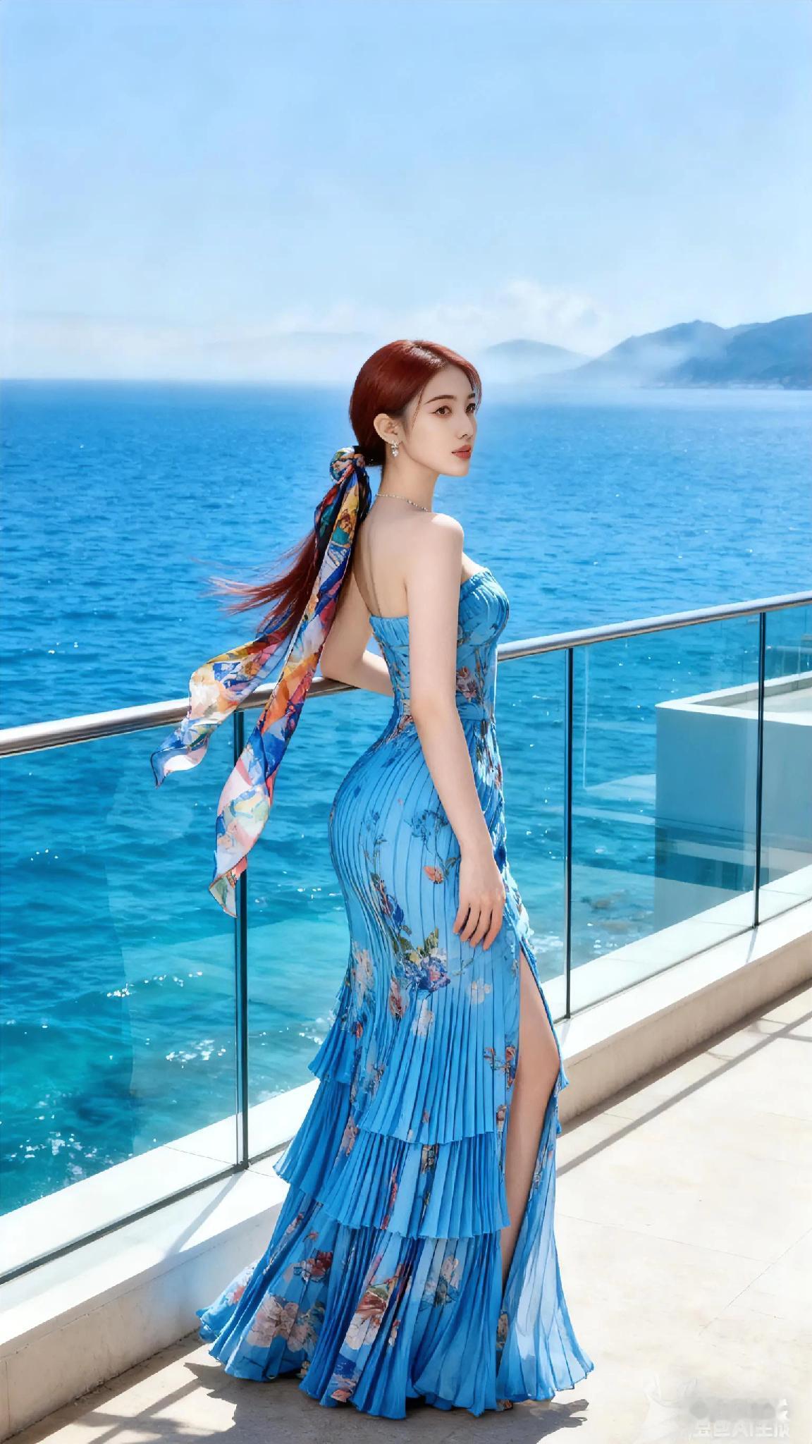 碧海潮生处，美人倚栏杆。
轻舟泛处烟霞绕 
海风美人照 
海滨美人照 
碧海银沙