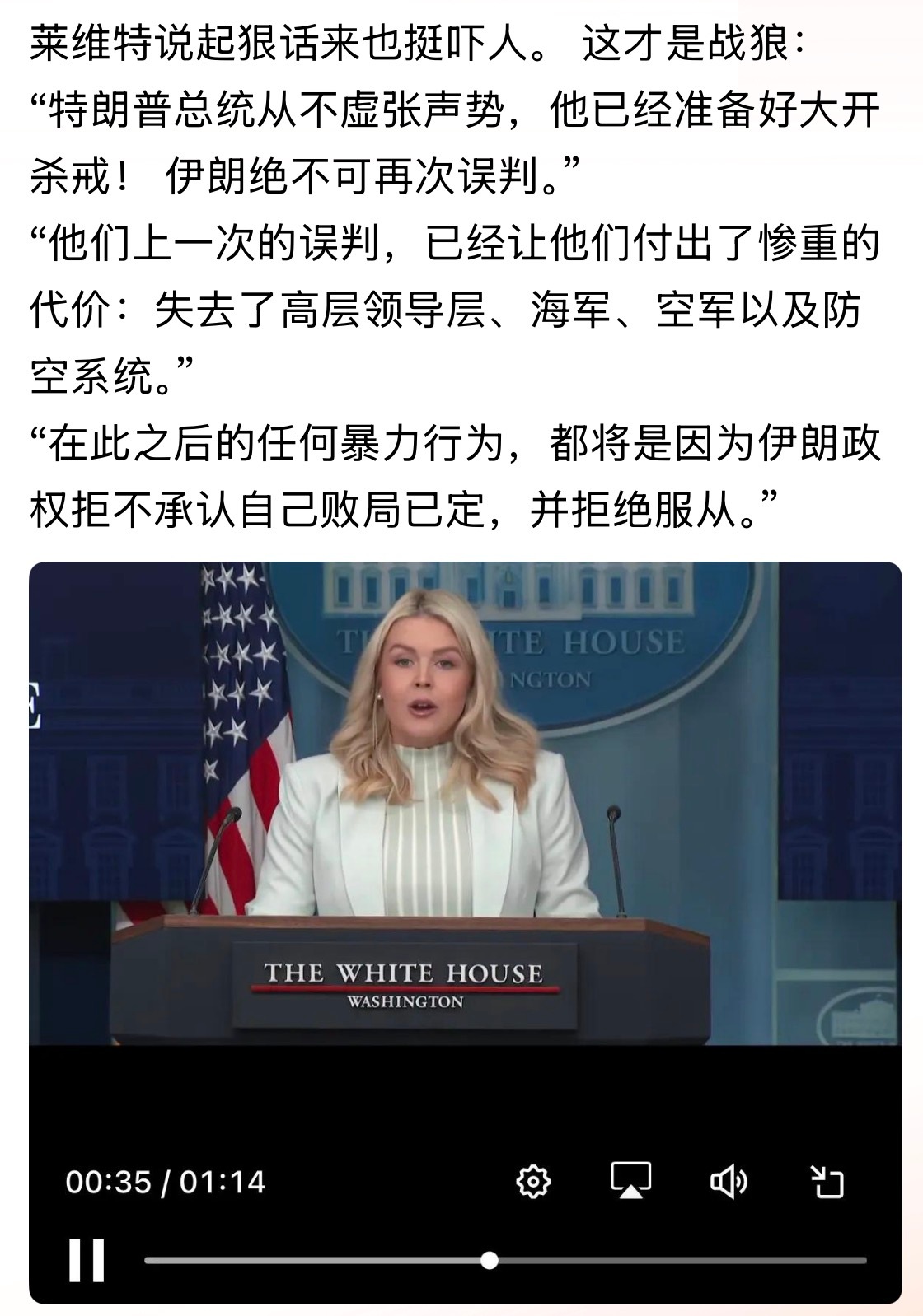 谁说女子不如男美女发言人莱维特说起狠话来也挺吓人的。。。美以伊冲突