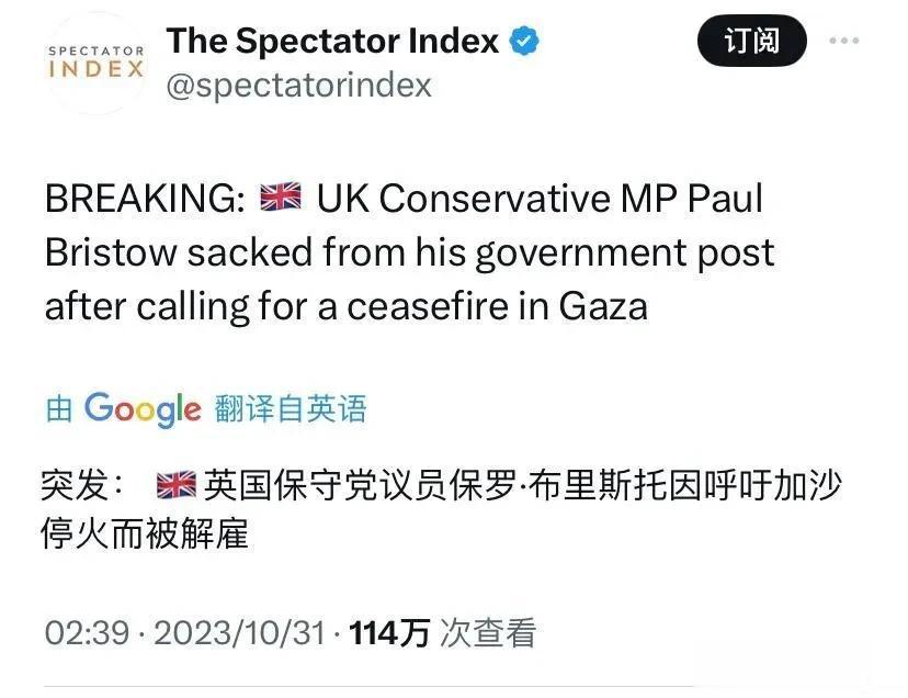 突发新闻：英国保守党议员保罗·布里斯托因呼吁加沙停火而被解除职务。虚伪且双标的英