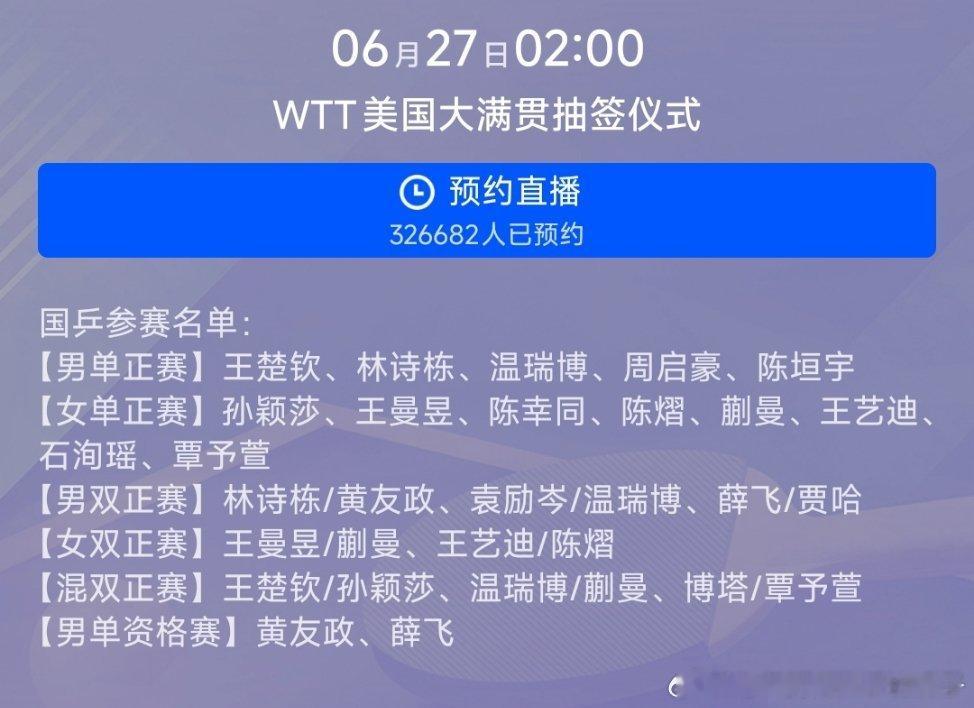 2026WTT美国大满贯抽签仪式👀北京时间6月27日02:00 