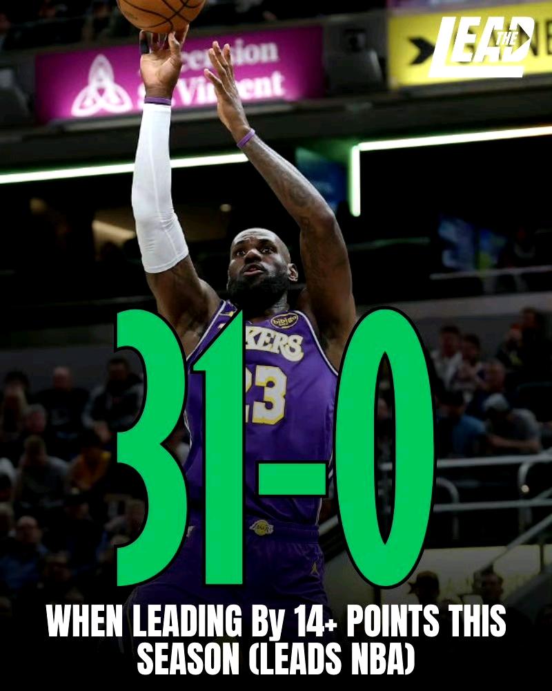 湖人这赛季领先超过14分的比赛，31胜0负。
2026年湖人队内的正负值榜单：斯