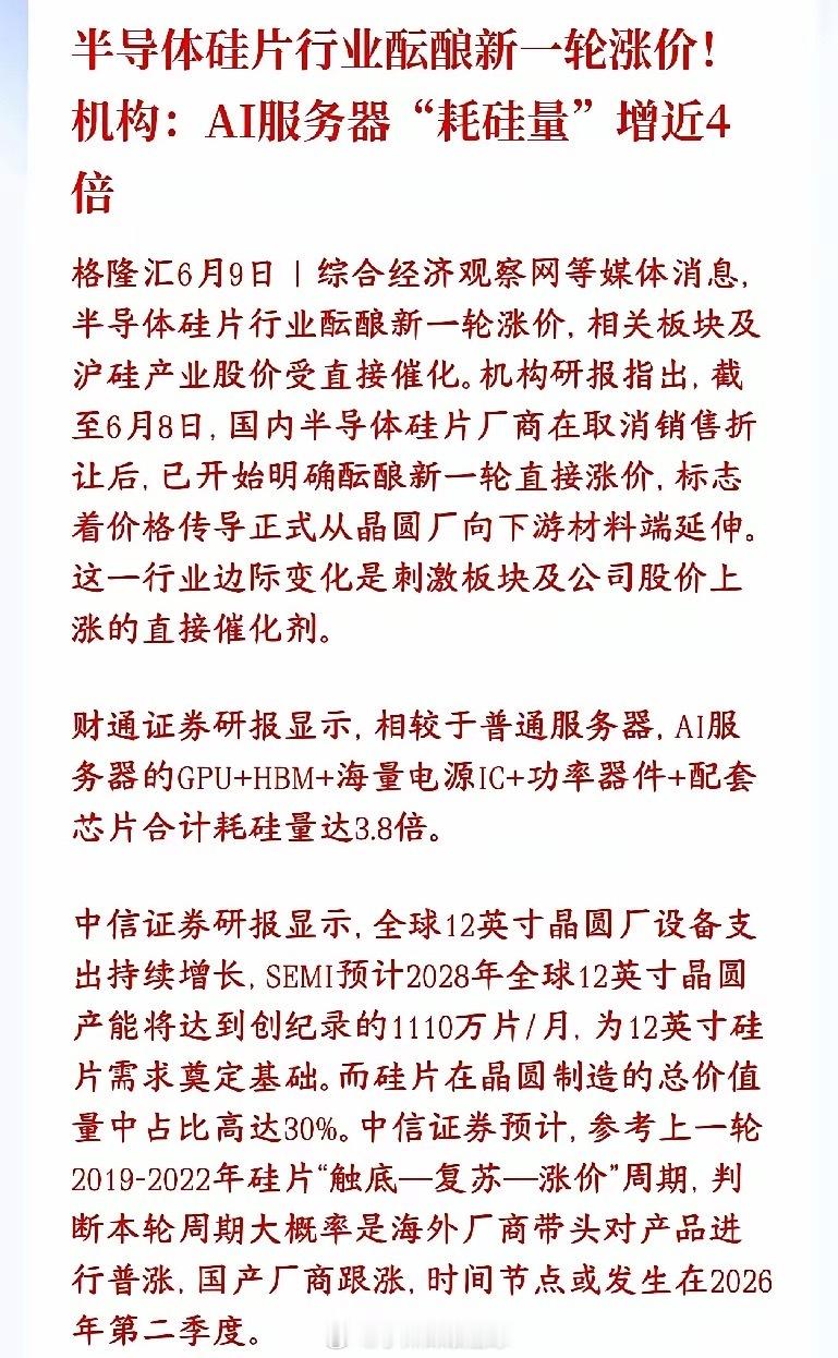 又是科技股的利好消息，半导体行业酝酿新一轮涨价，明天科技股稳了硅片是做芯片的“硅