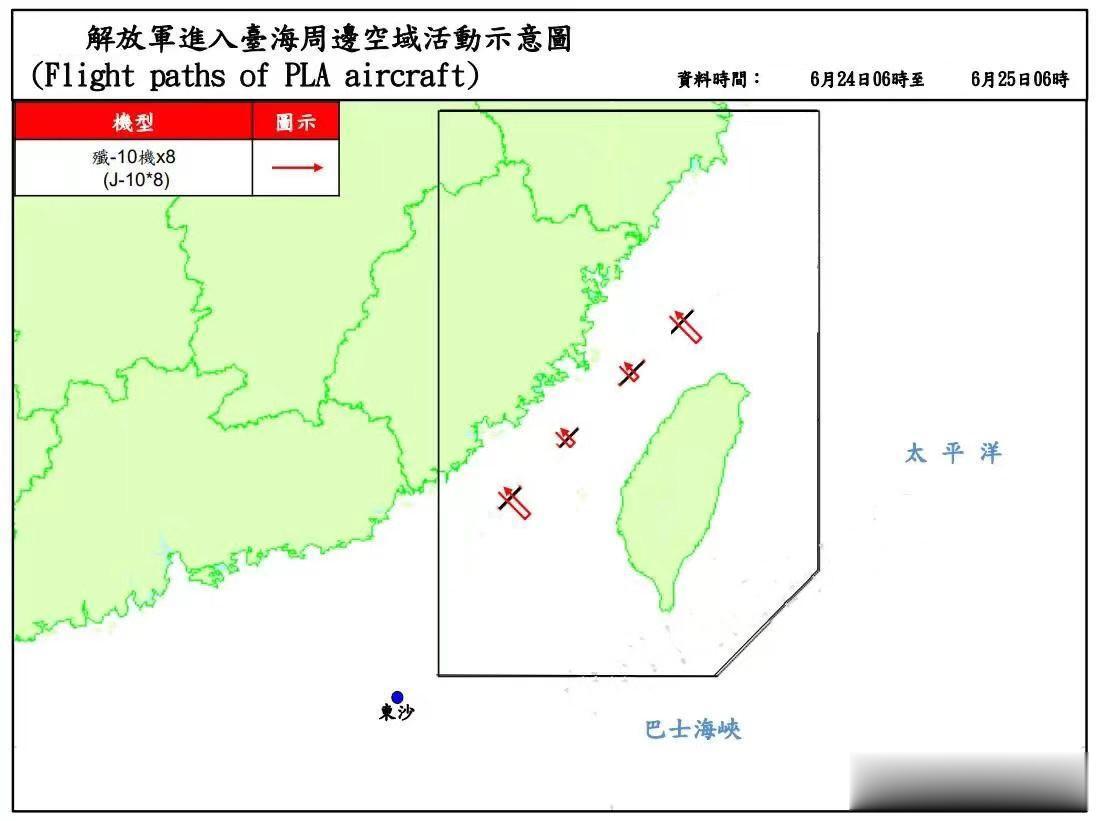 越来越近了，截至今天（6月25日）早8点的24小时内，解放军派出了8架歼-10战