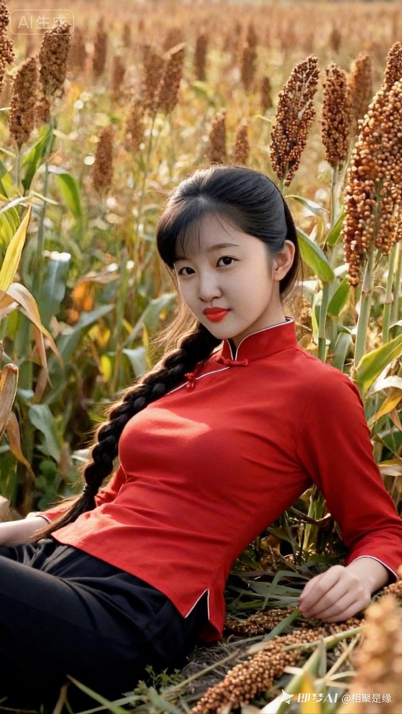 红衣少女与秋日田野的浪漫邂逅🌾💕
