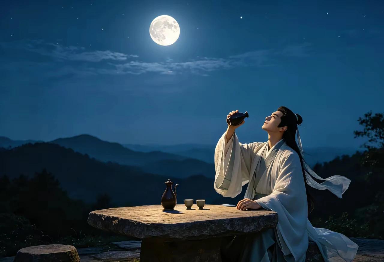 上联：千山迎落日
下联：万水浮玉盘
