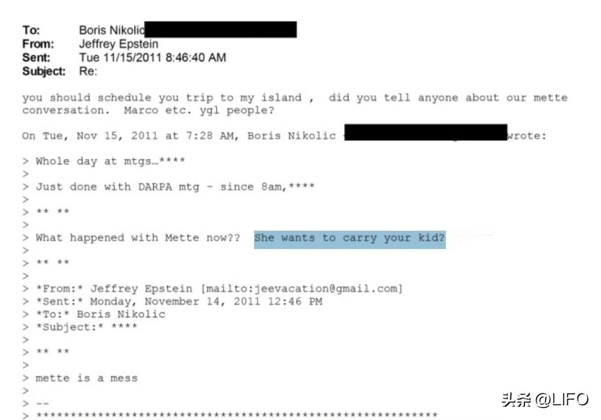2011 年 11 月的一封邮件往来显示，爱泼斯坦和同伙鲍里斯·尼科利奇正在讨论