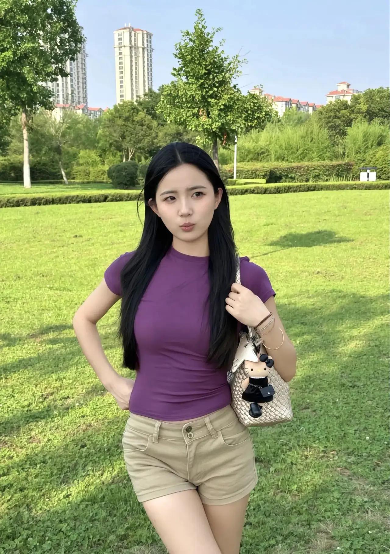 夏日清新穿搭，紫色T恤+卡其短裤，搭配可爱小包包，元气满满！🌞👗👖👜日常