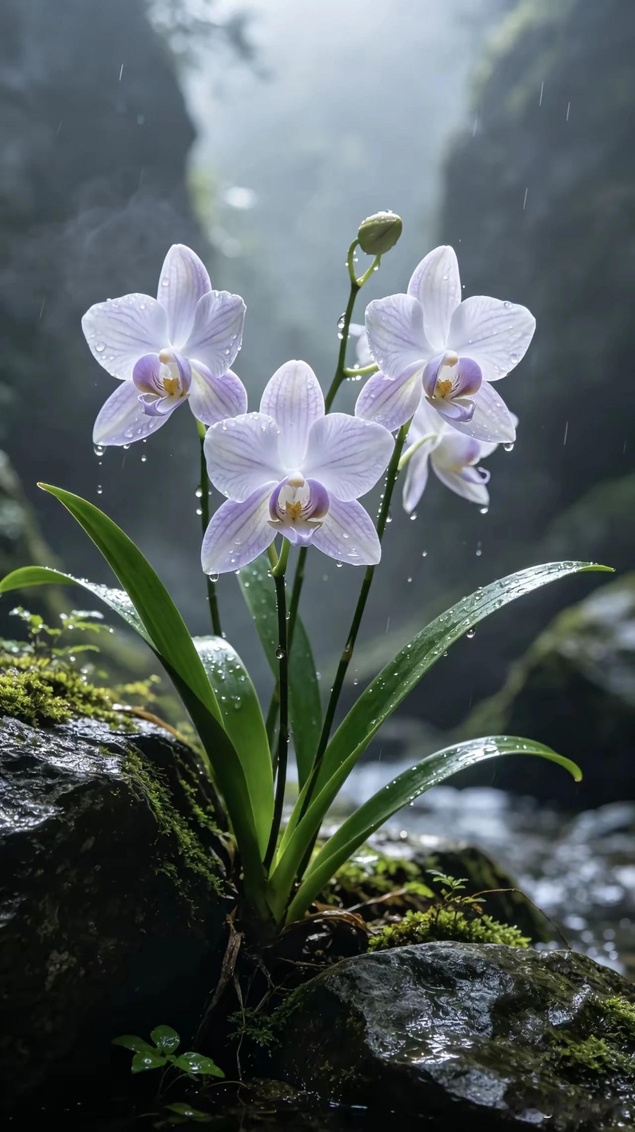 碧叶疏疏淡雅妆，
幽兰静立沐晨光。
花开淡然无娇艳，
不与百花争芬芳。