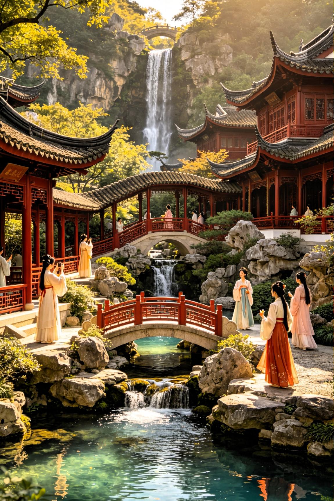 《庭园揽胜》

 
朱廊萦回叠榭台，翘檐焕彩逐云来。

溪桥漫漾清川水，危石高悬