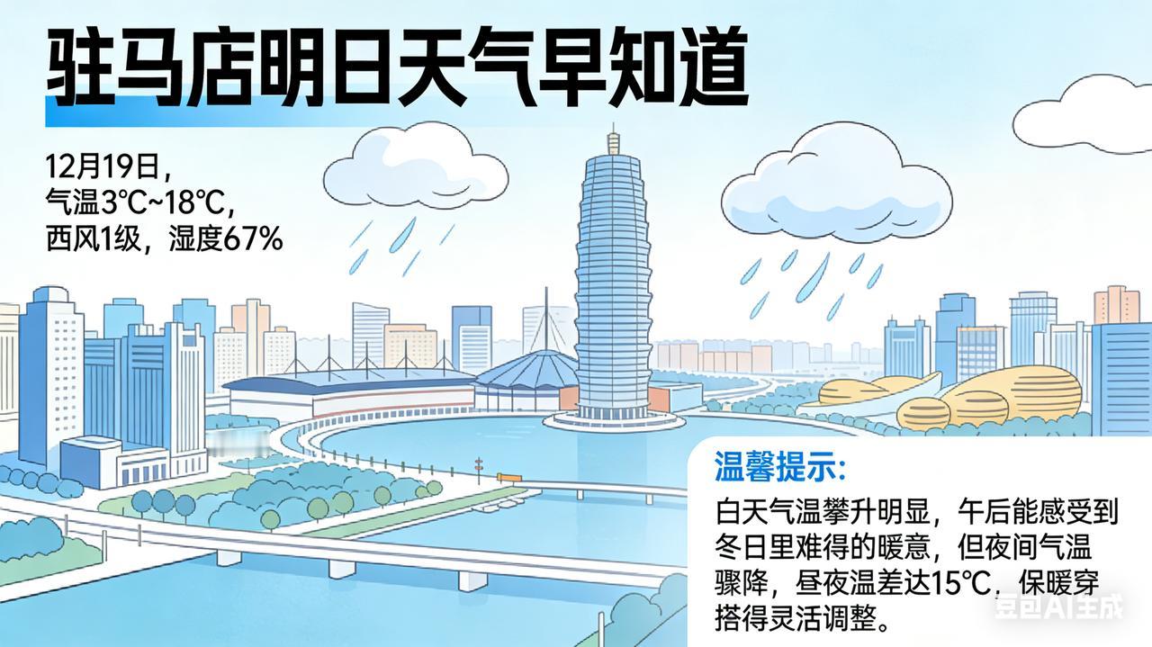 驻马店明日天气早知道：升温明显，昼夜温差需注意
 
驻马店明天（12月19日）以