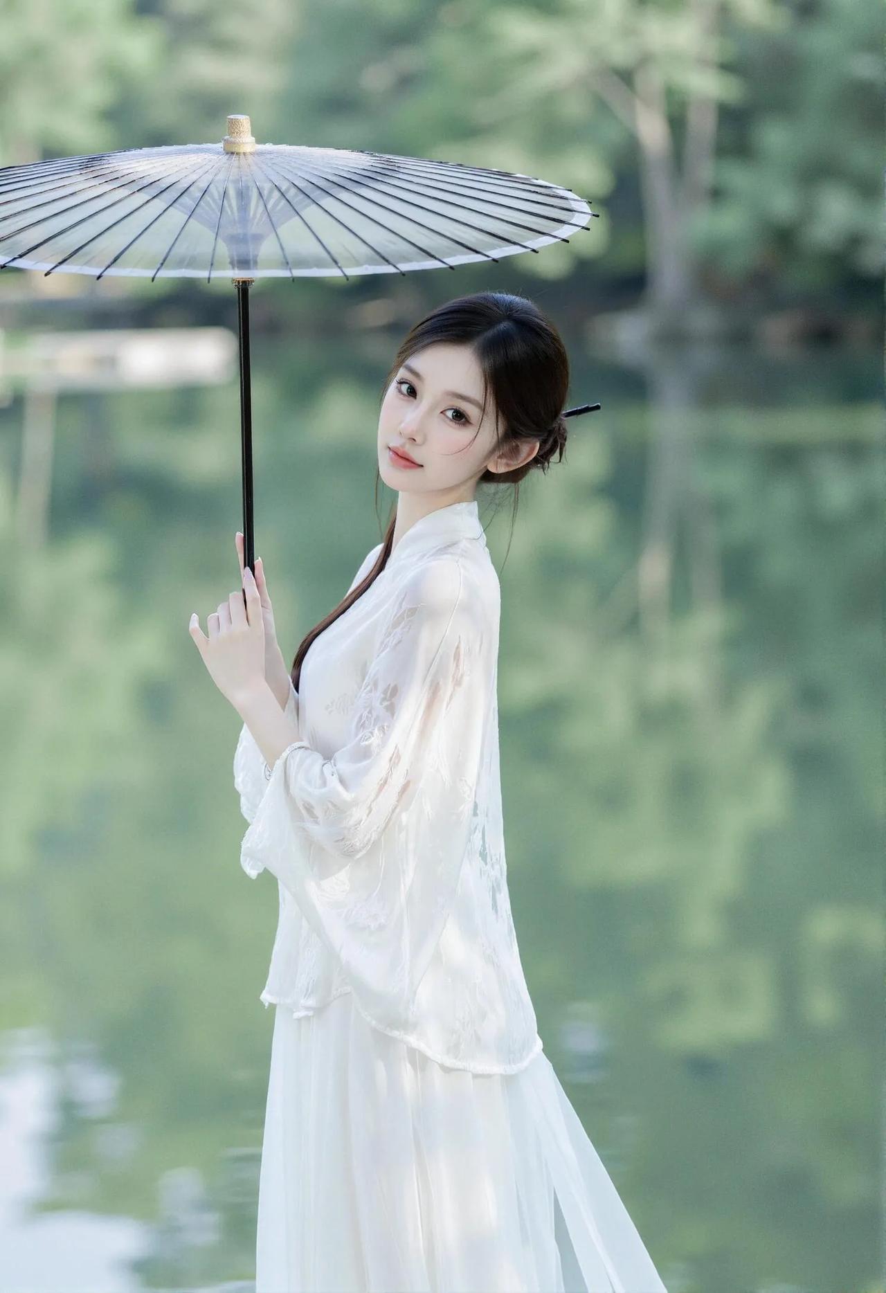 古典美人撑伞湖边白裙美人 湖畔仙气缭绕古典美少女 古风穿搭
