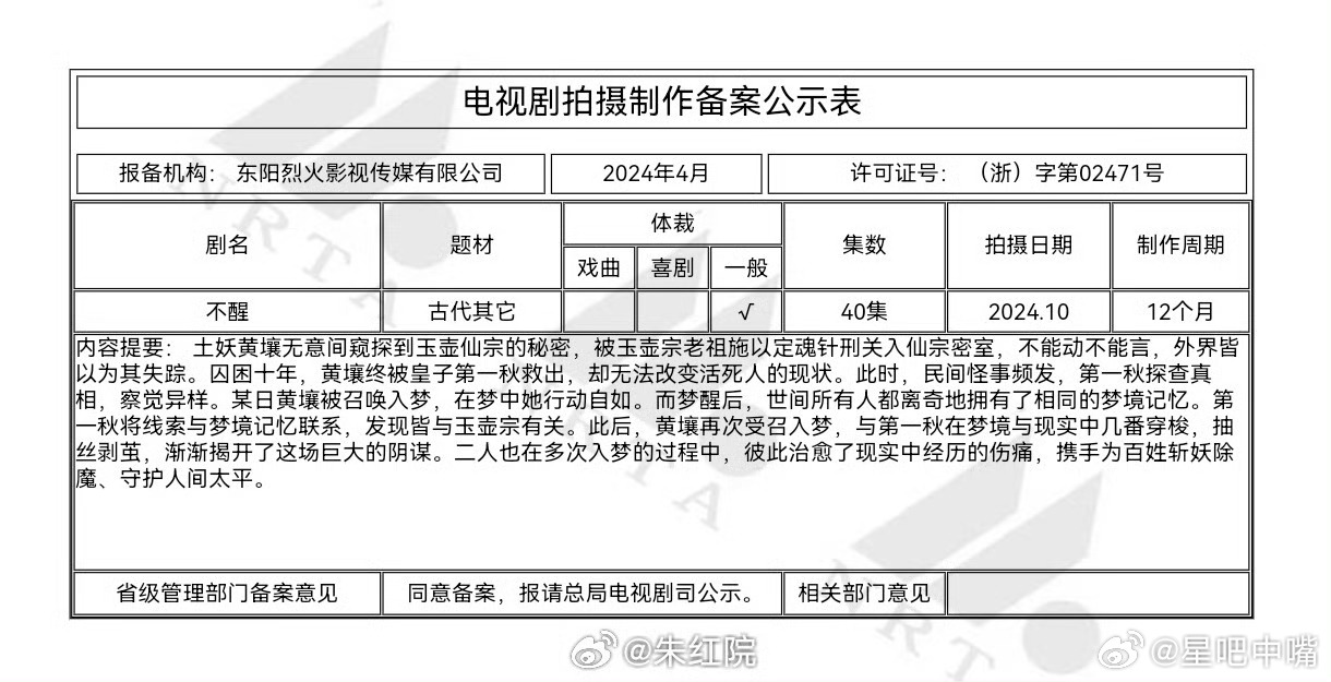 🍉优酷仙侠剧《不醒》备案 改编自一度君华同名小说 领衔主演：曾舜晞  陈都灵(