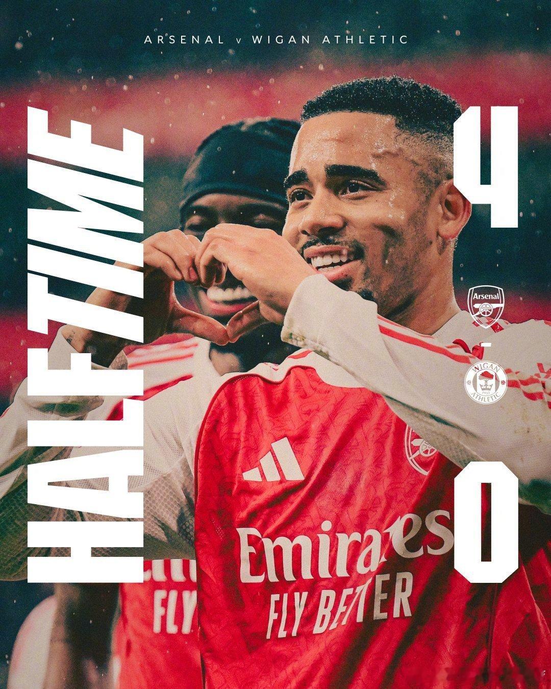 阿森纳vs维冈竞技 上半场比赛结束，我们暂4-0领先！  cr：阿森纳足球俱乐部