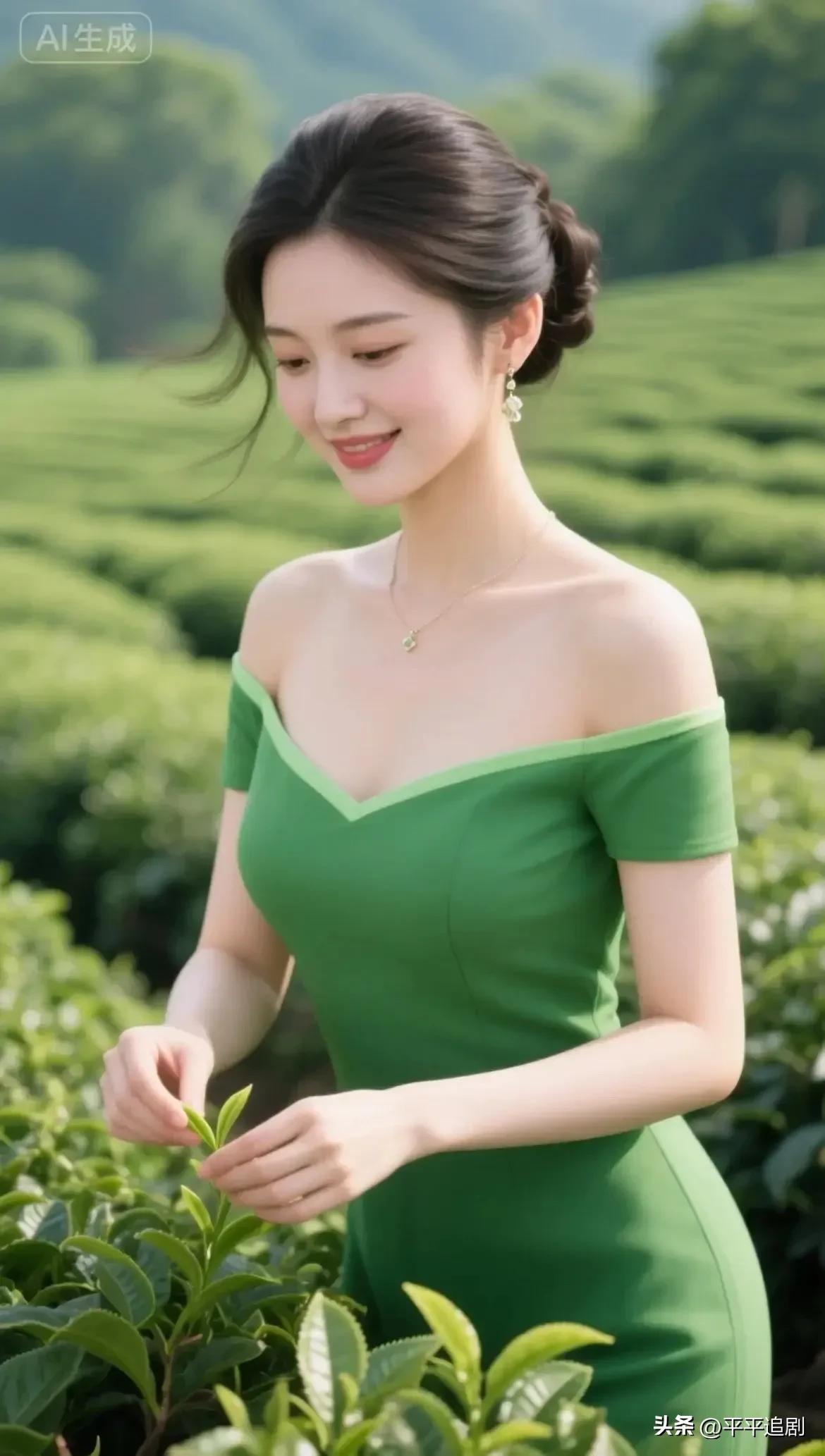  绿裙轻吻茶园风，指尖捻起春芽，把东方温婉揉进山野间。