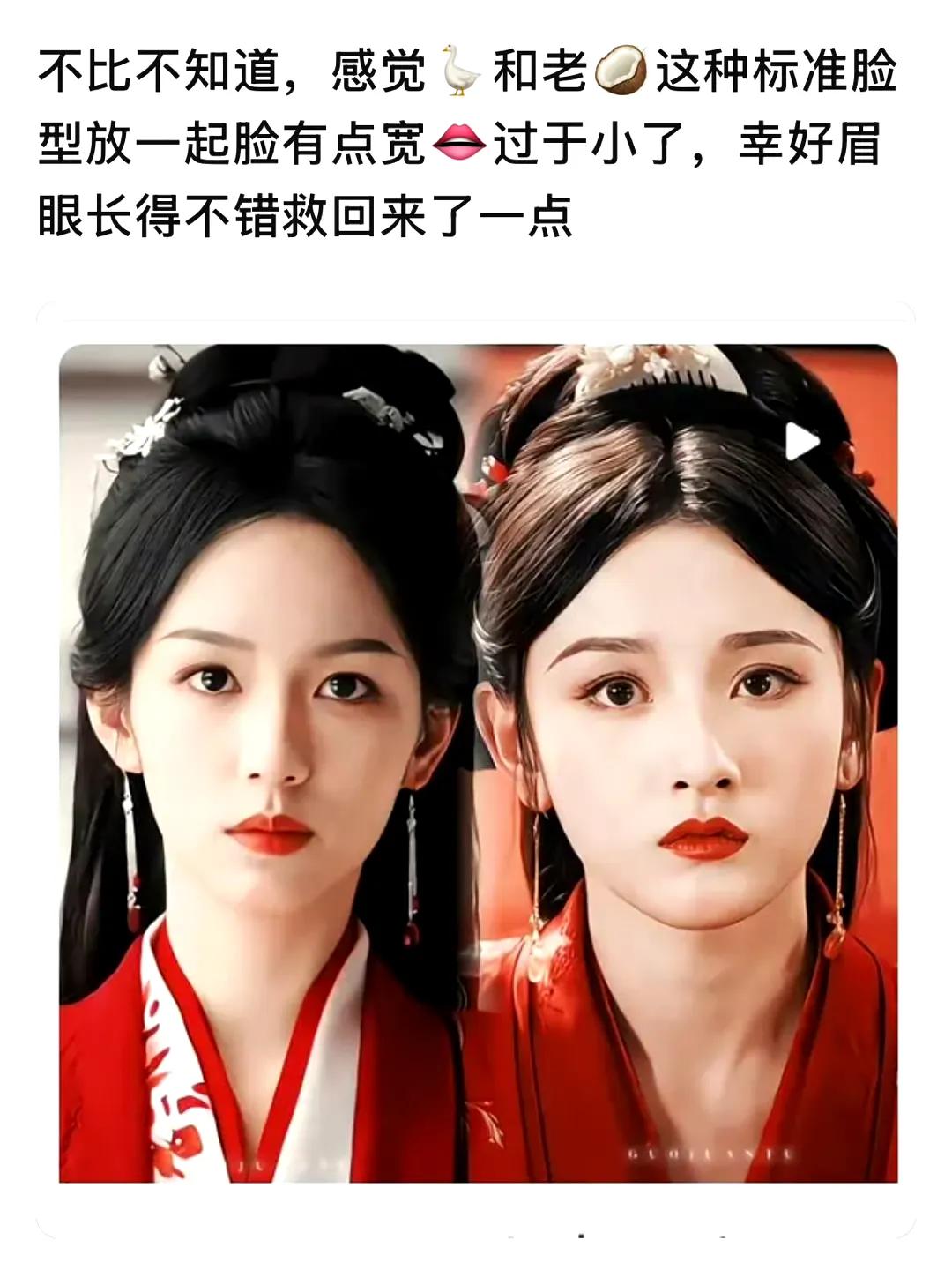 这俩个都是大美女啊，只是一个轮廓比较优越，一个眉眼优越，整体看都是95🌸里的大