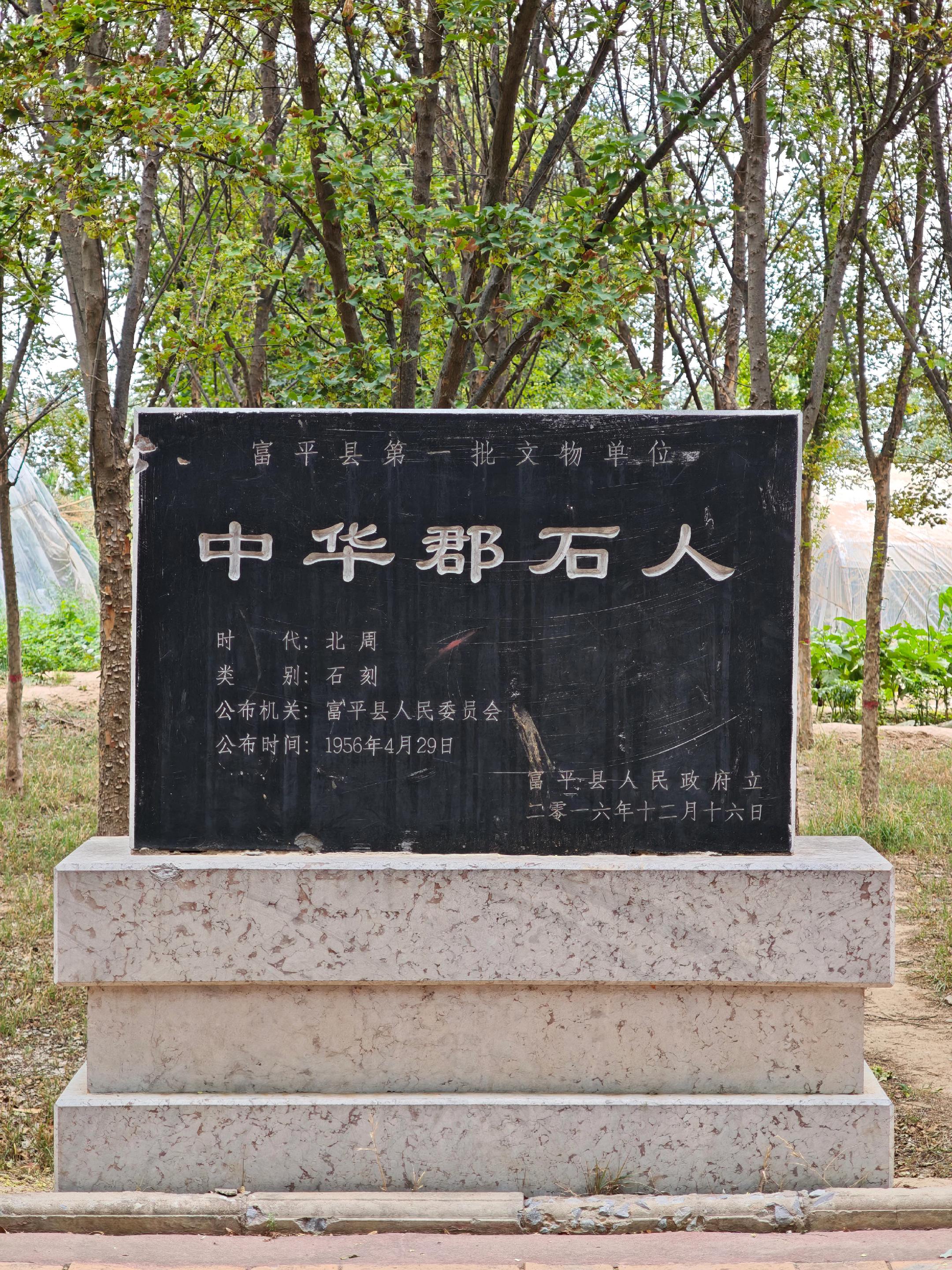 中华郡石人，位于富平县城关街道办谢村东石组北，现存两尊石造像为青石质...