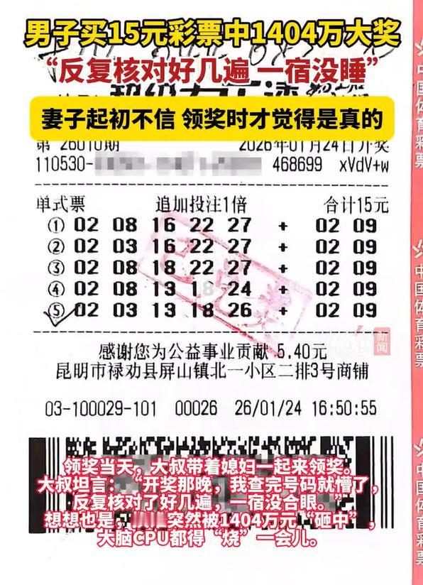 男子买15元彩票中1404万，男子说看到中奖以后，人都懵了，他的妻子根本不信他中