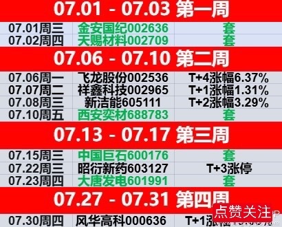 𝟳月最后一天给了“科技人”体面！本月共计分享10只个股，其中“金安国纪、天赐材
