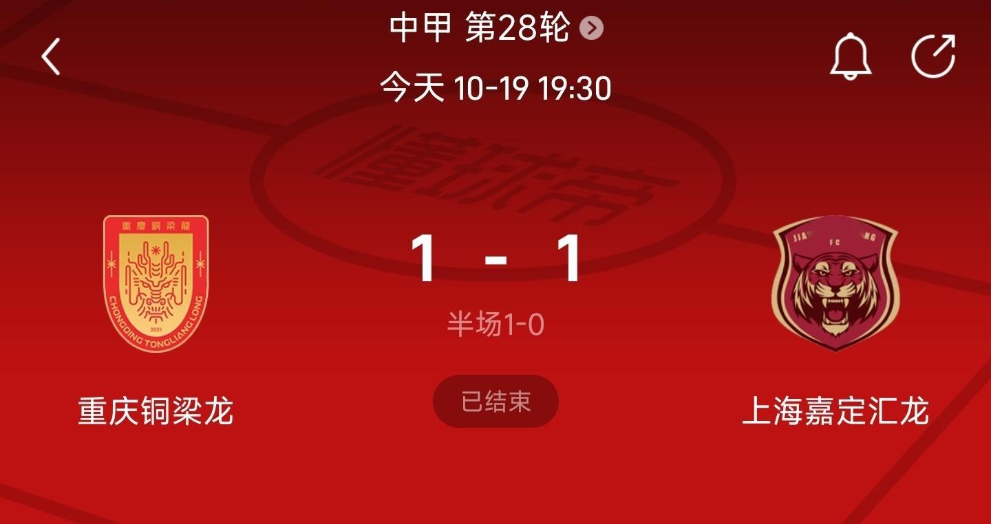 #中甲联赛# 重庆先输石家庄，后平上海嘉定汇龙，冲超是基本无缘了。。最后时刻被绝