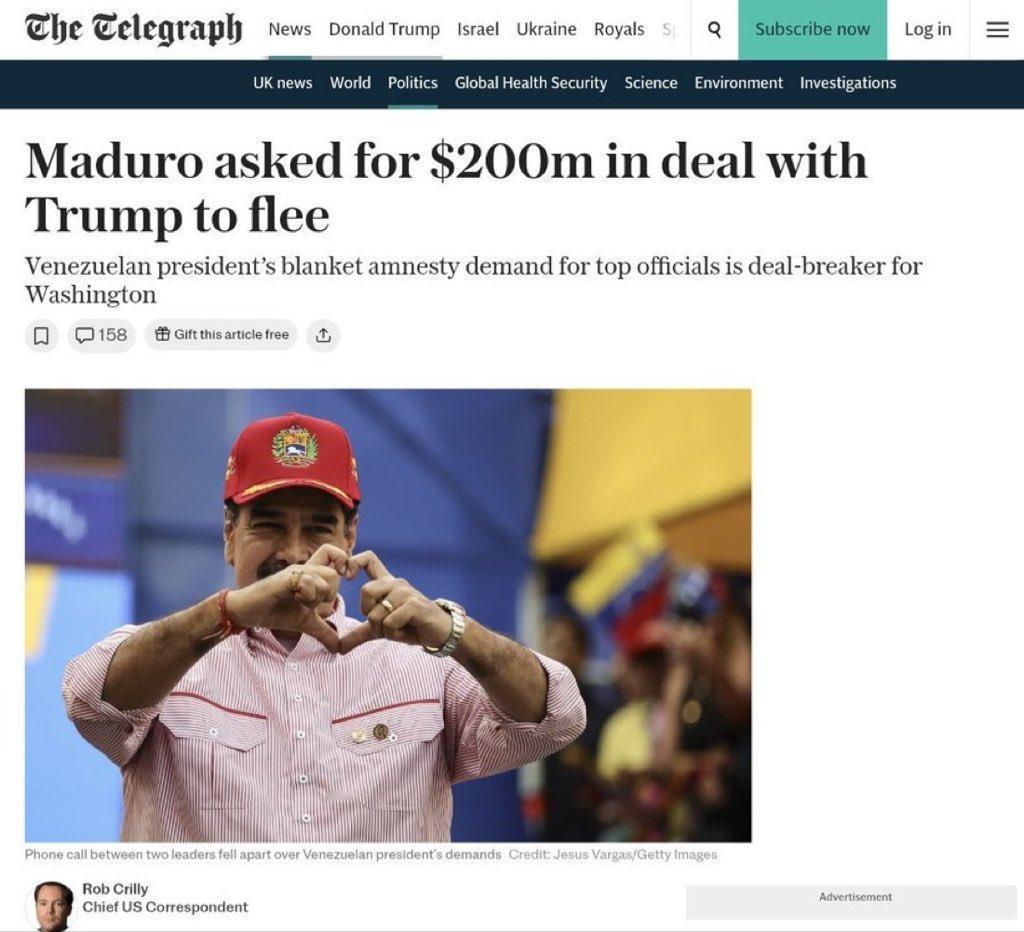 新闻快讯——英国《每日电讯报》报道，马杜罗曾向特朗普索要2亿美元，以换取其逃离委