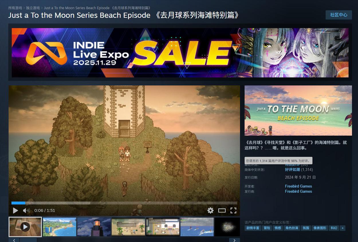 像素风冒险RPG《去月球系列海滩特别篇》目前在Steam上享新史低优惠，折后21