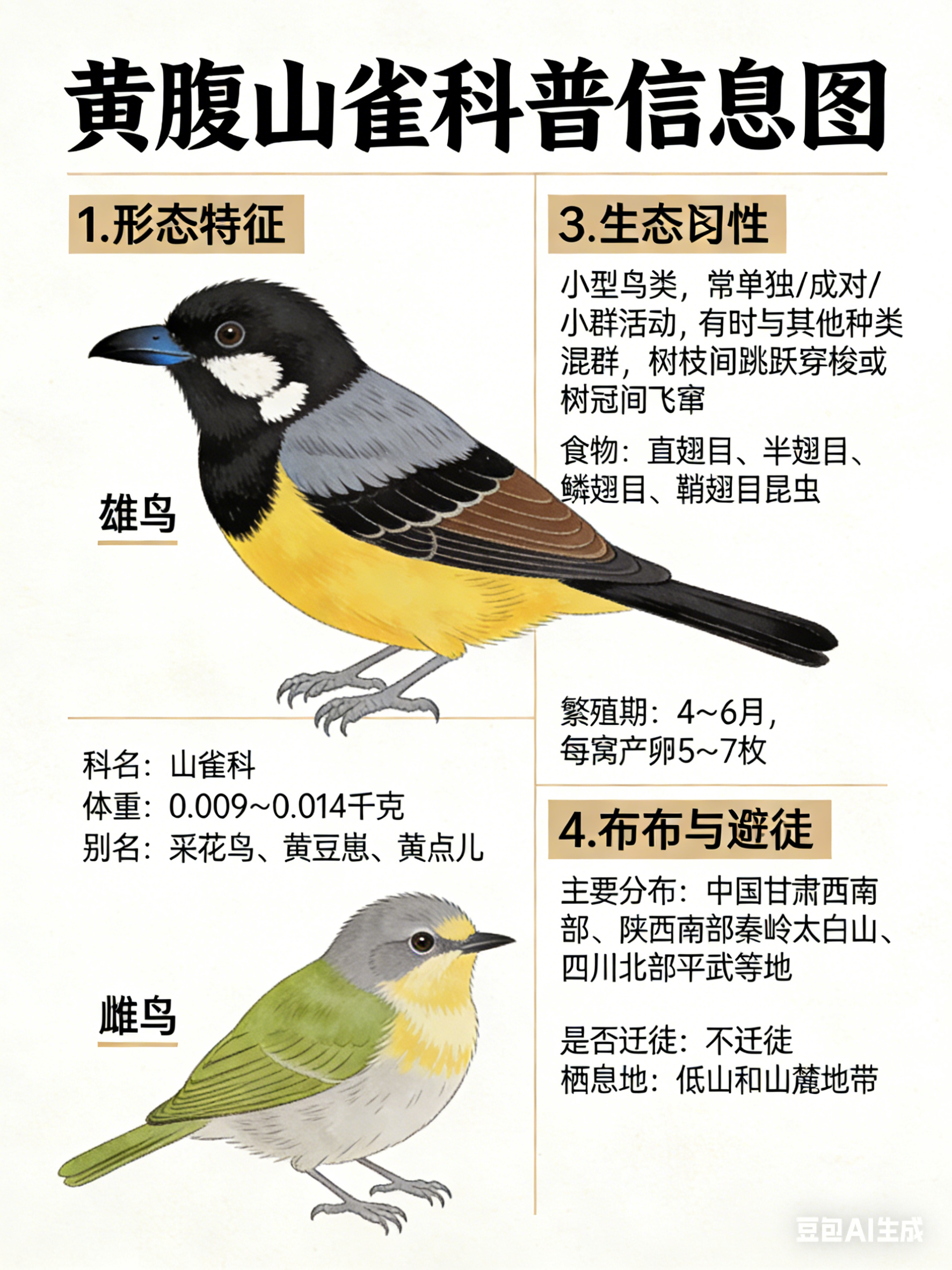 鸟类朋友图鉴 黄腹山雀科名：山雀科体重：0.009～0.014千克别名：采花鸟、