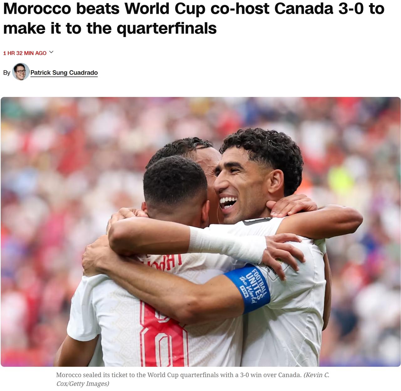 周六在美国休斯顿进行的世界杯16强赛中，摩洛哥以3-0击败加拿大，成为世界杯首支