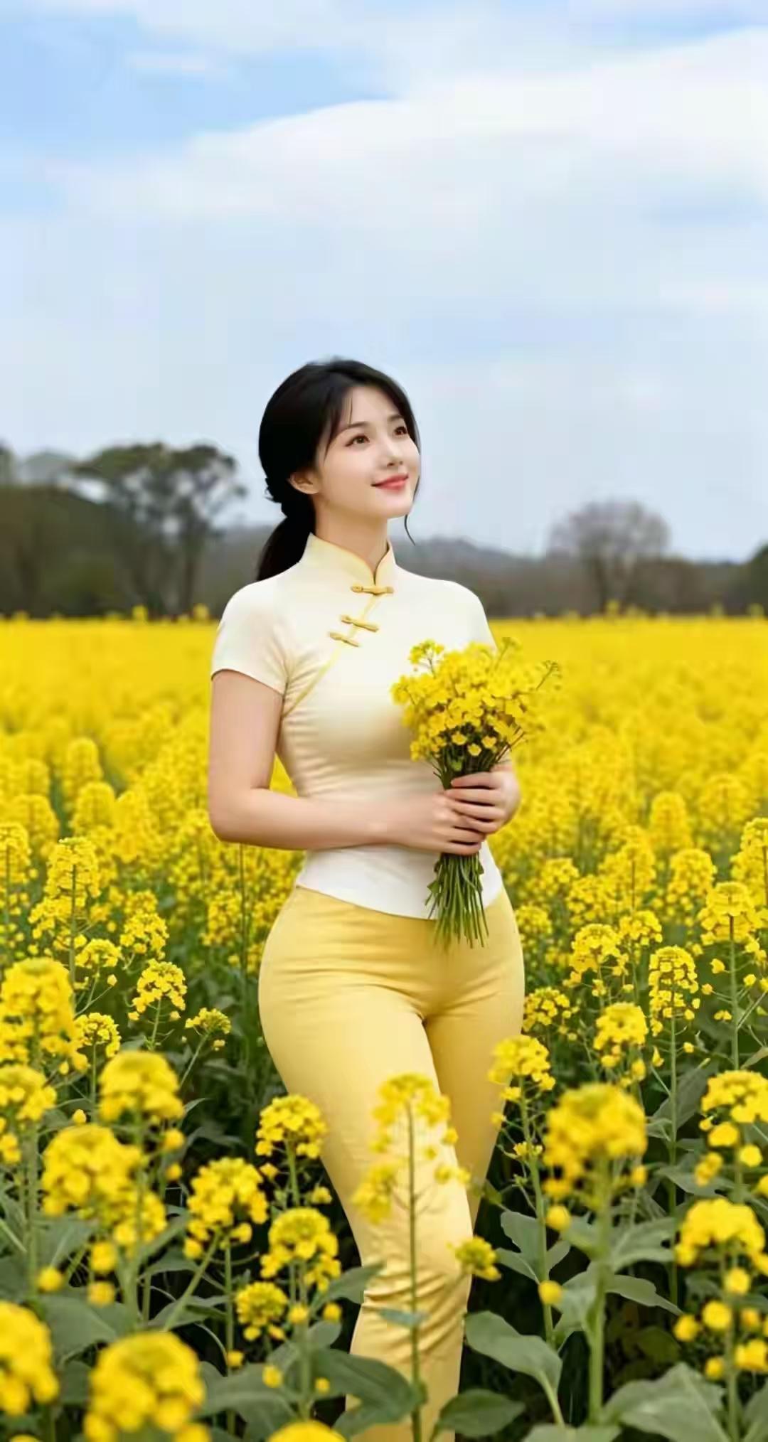 水仙子·花田佳人 
金英遍野暖风柔，
素影临花蝶自游。
嫣然笑靥春光透，
芳姿胜