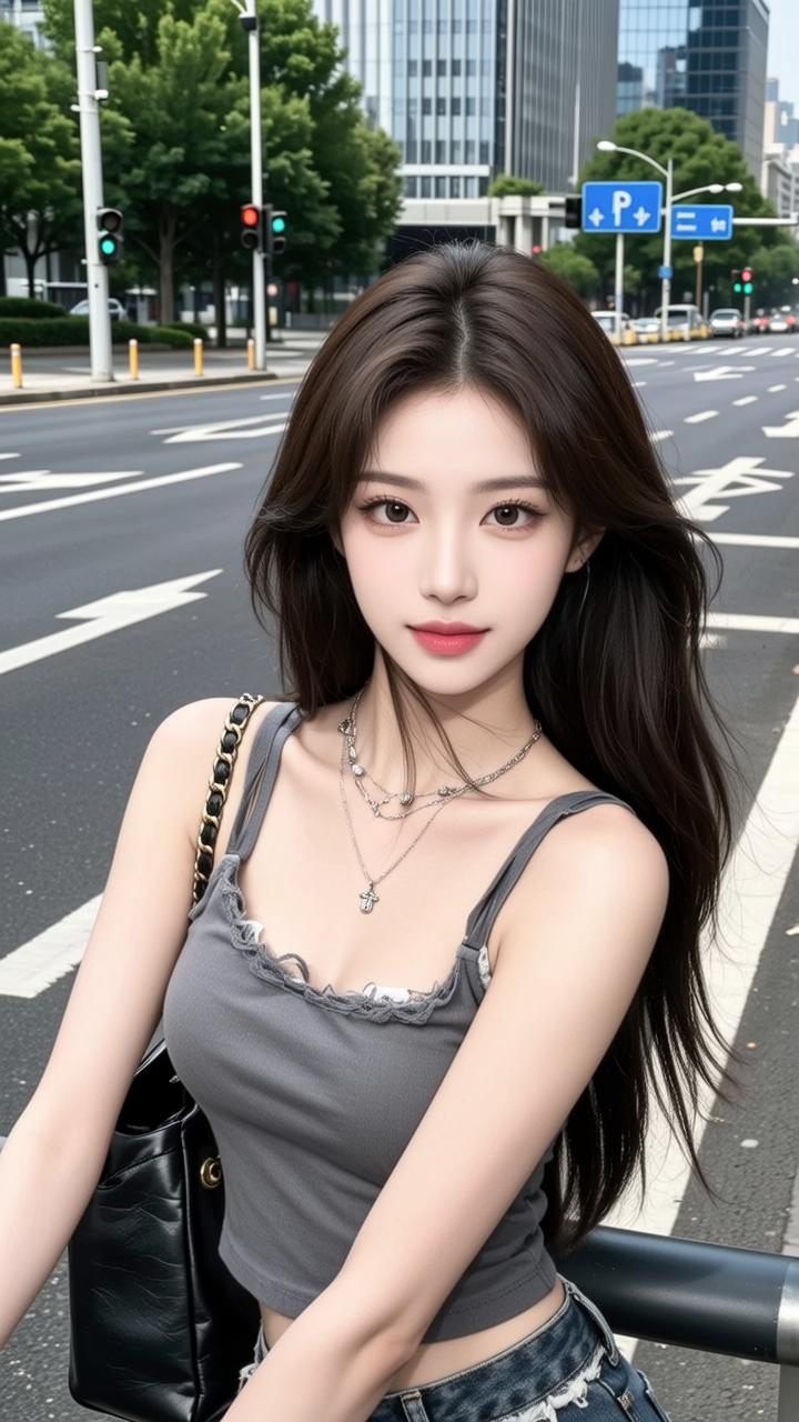 这个小姐姐在街头自拍呢。