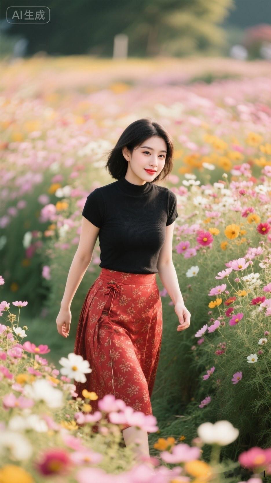 她站在花田里，好漂亮啊！