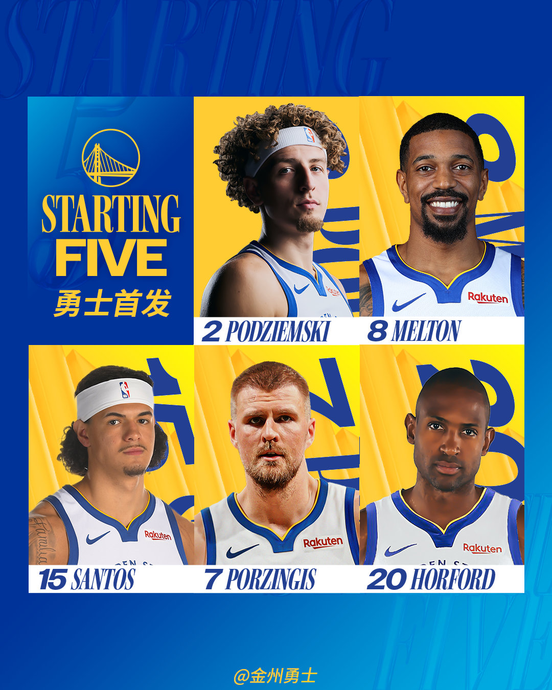 勇士今日首发：森林狼vs勇士