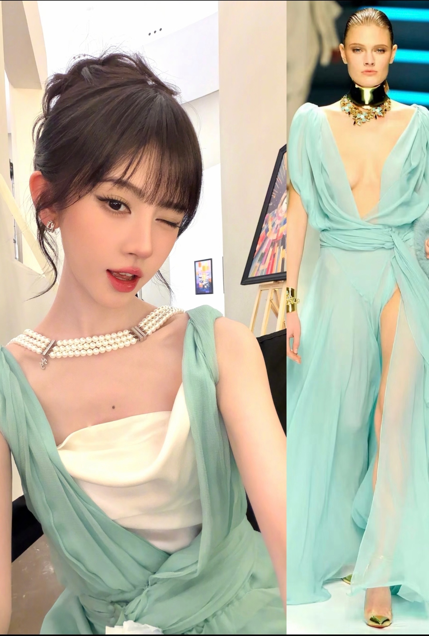 鞠婧祎锁骨窝能装下珍珠项链同样是高定加块布，鞠婧祎就搭配的刚刚好。[捂嘴哭]苏绿