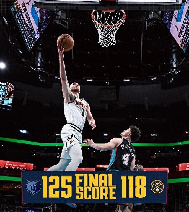 刚结束的 NBA 常规赛中，掘金客场 118-125 爆冷输给八连败的残阵灰熊。
