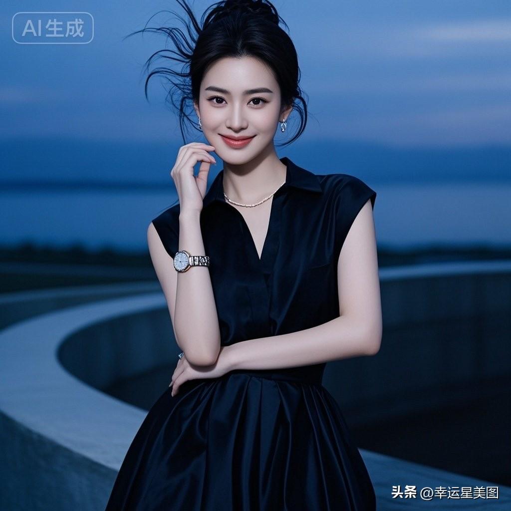 这位美女穿着黑色连衣裙，在街头摆姿势。