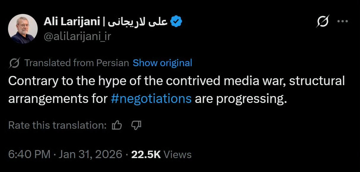 伊朗最高国家安全委员会秘书阿里·拉里贾尼发文称：“与人为制造的媒体战喧嚣相反，谈