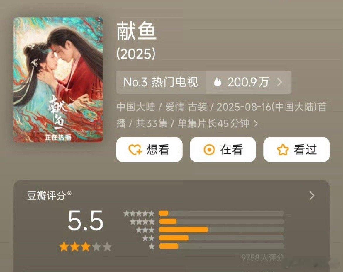 献鱼开分5.5分，评分人数一万人，陈飞宇王影璐剧宣那么卖力，磕糖观众哪里去了？？