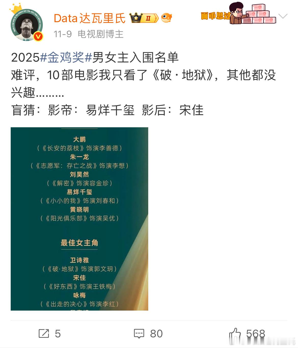 金鸡奖最佳男/女主角 易烊千玺、宋佳影帝影后我都中了