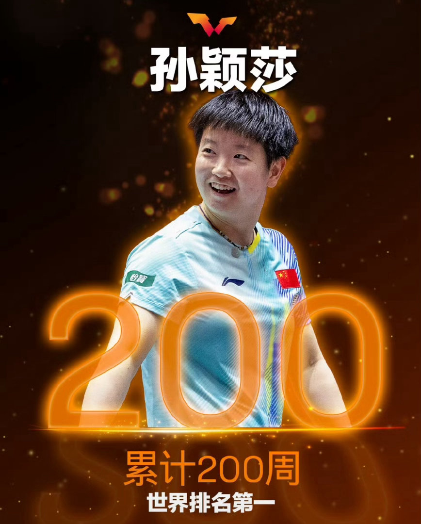孙颖莎累计200周登顶世界第一！WTT官方发布纪念海报，国乒小魔王再创历史✨孙颖