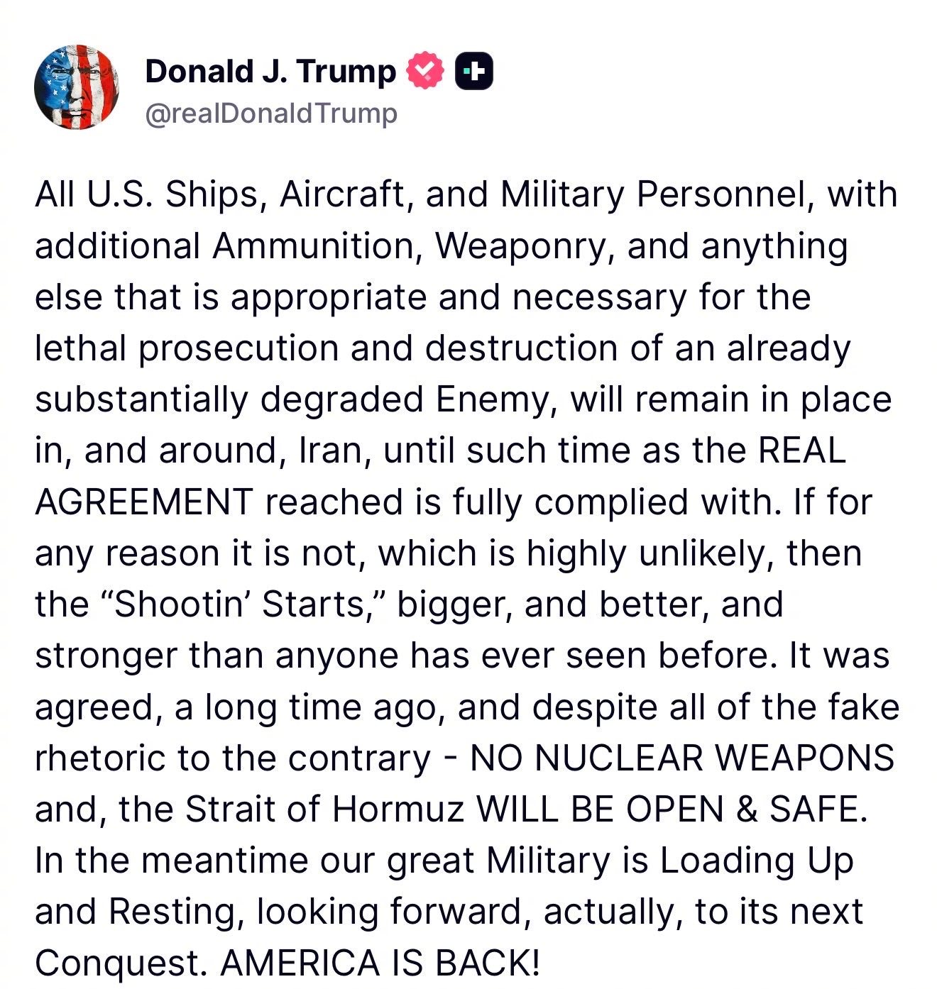特朗普发文：所有美军舰船、战机及军事人员，连同额外弹药、武器装备，以及一切为彻底