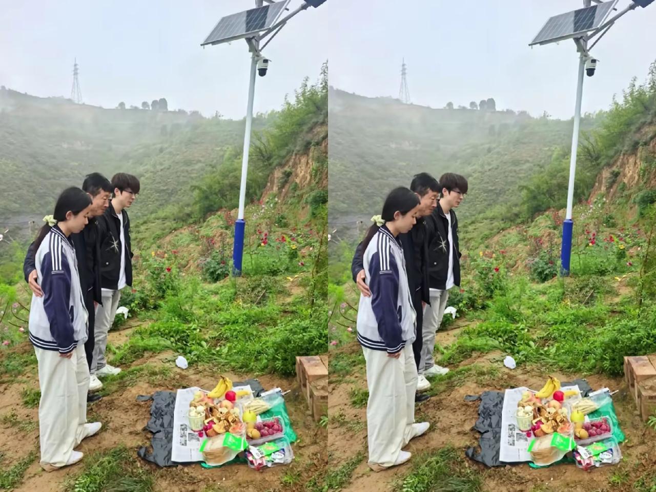 一名男子带着自己的一双儿女，站在孩子妈妈的坟墓前，突然说出的一句话，让人瞬间泪目