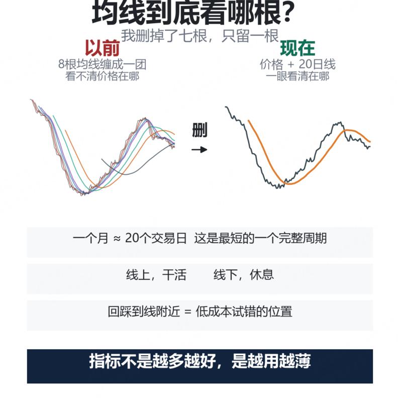 均线到底看哪根？我只看一根

以前我屏幕上七八根均线，后来全删了，只剩一根20日