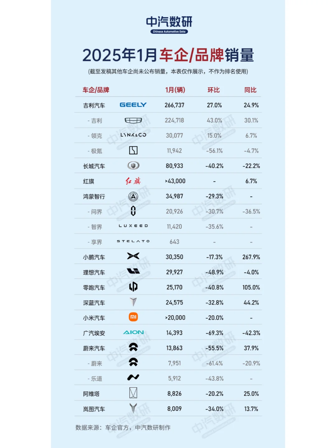 2025年1月车企/品牌销量
