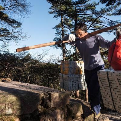 近日，泰山十八盘陡峭的石阶上，一位正歇脚的江苏游客，对着迎面而来的挑山工做了一个