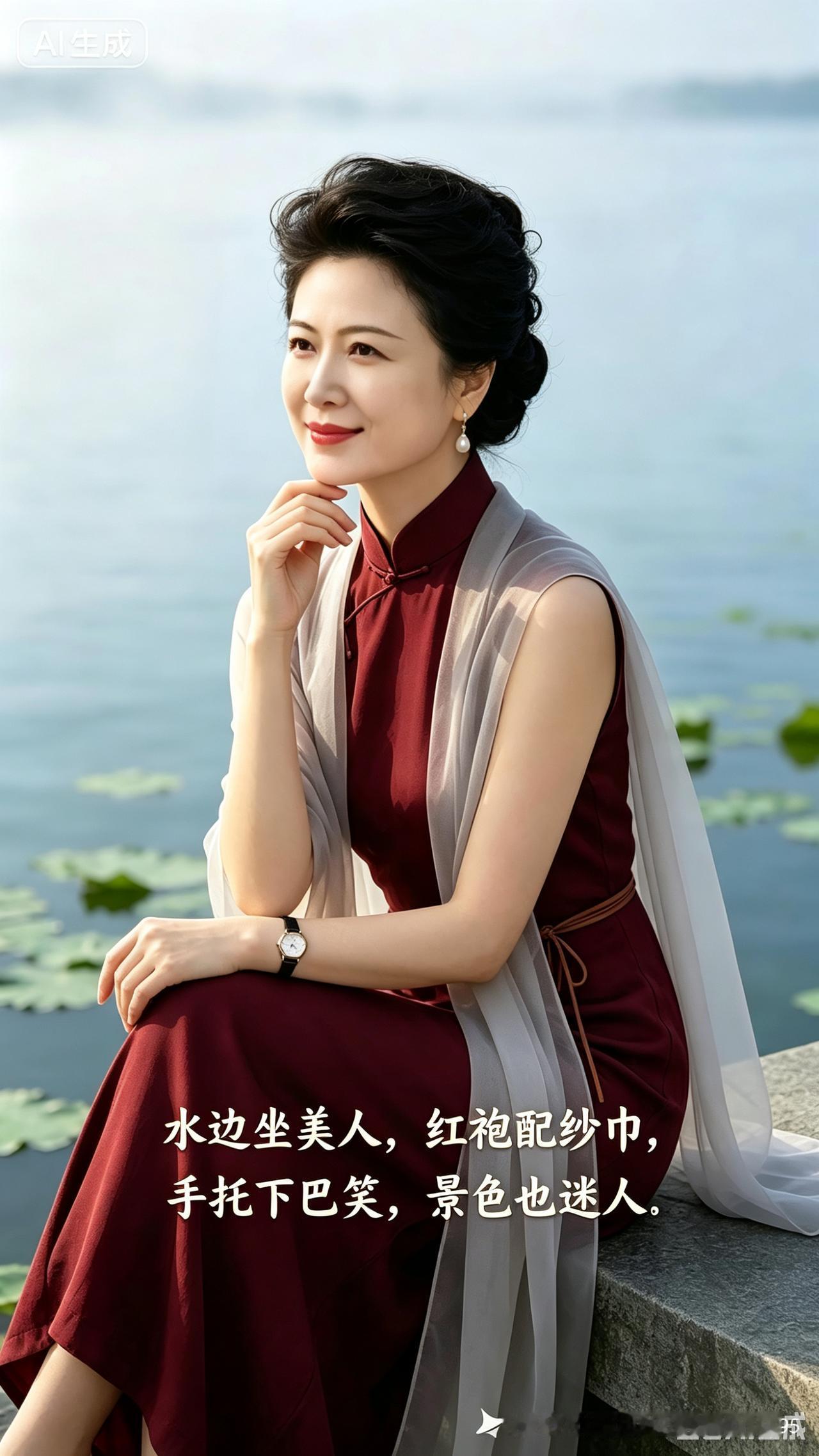 湖畔旗袍
一湖澄水映天光，
荷叶轻浮淡淡香。
艳红旗袍衬雅态，
薄纱漫绕韵悠长。